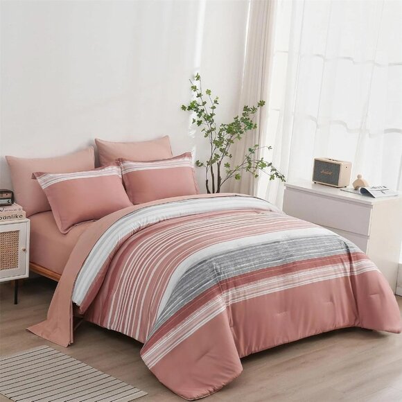 7pc Bed in a Bag Stripe Comforter/Sheet Set FULL White/Gray/Blush Pink Striped - Picture 1 of 7